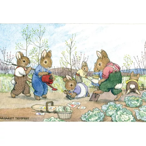 Golden Days bunnies gardening, Greeting Card