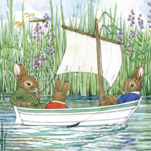 Golden Days sailboat bunnies, Greeting Card