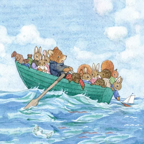 Golden Days animal rowing boat, Greeting Card