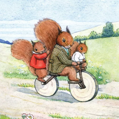 Golden Days squirrels 1 bicycle, Greeting Card