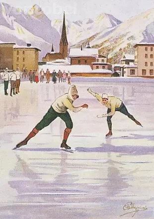 Skaters Racing on the Ice Rink at Davos, Postcard