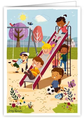 Children rides the slide, Greeting Card