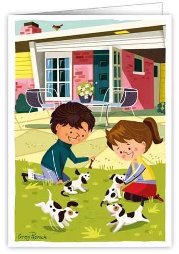 Puppies Playing in the Yard, Greeting Card