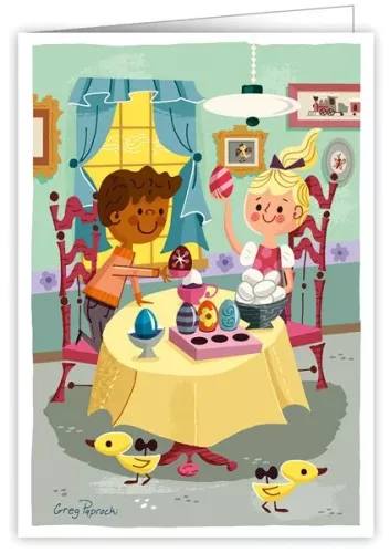 Kids Painting Eggs, Greeting Card