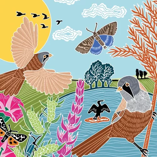 Bearded Tits & Cormorant , Greeting Card