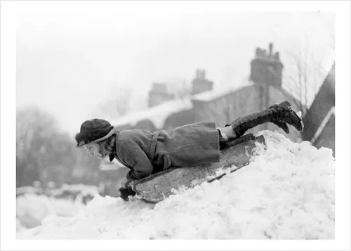 GIRL ON SLEDGE GOING DOWN HILL, Greeting Card