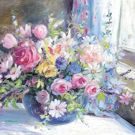 Cornflowers, Pink And Yellow Roses, Dubbelvikt Kort