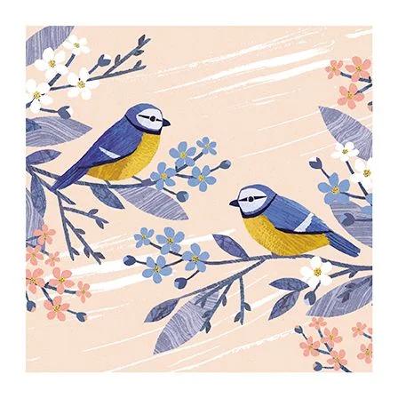 Two Blue Tit Birds On Branches, Dubbelvikt Kort