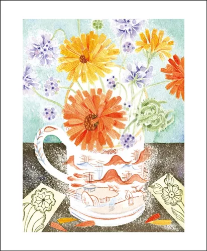 Marigolds and Scabious, watercolour by Angie Lewin, Greeting Card