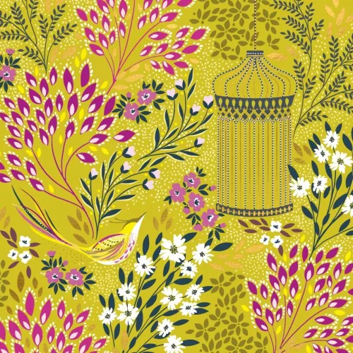 Chartreuse Florals & Bird, Greeting Card