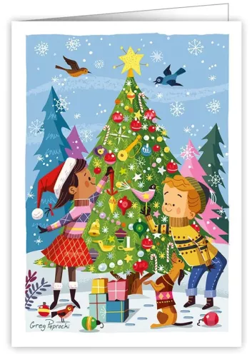 Children And Dog Decorating Tree, Greeting Card
