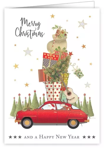 Santa Driving Car With Presents, Greeting Card