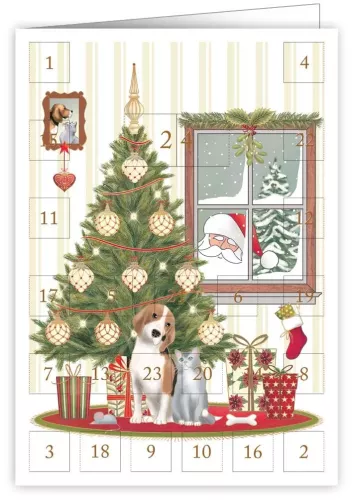 Cat + Dog In Front Of Christmas Tree, Advent Calendar