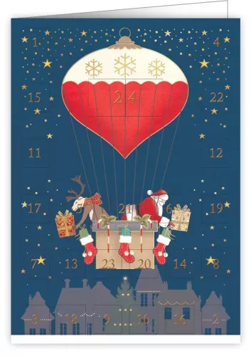 Santa and Reindeer in Hot Air Balloon, Advent Calender Card