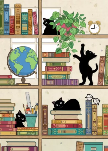 Bookcase Kitties, Greeting Card