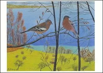 Two Chaffinches in Front of a Lakeside-Landscape (1932), Postcard