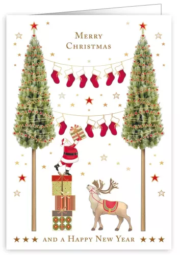 Christmas Stockings Between Trees, Greeting Card