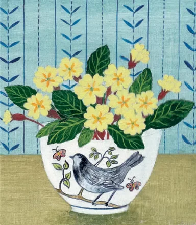 Bird Bowl and Primroses, Greeting Card