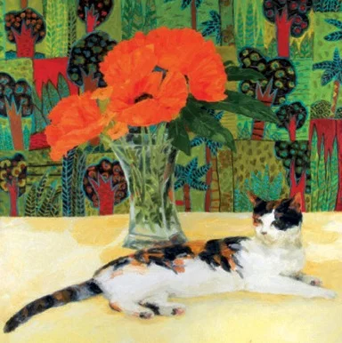 Tortoiseshell Cat and poppies, Greeting Card