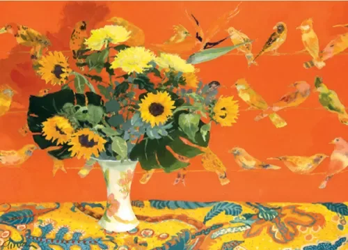 Sunflowers, leaves & birds, Greeting Card