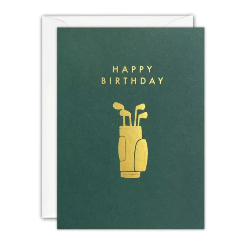 Gold Golf Clubs Birthday Card by James Ellis