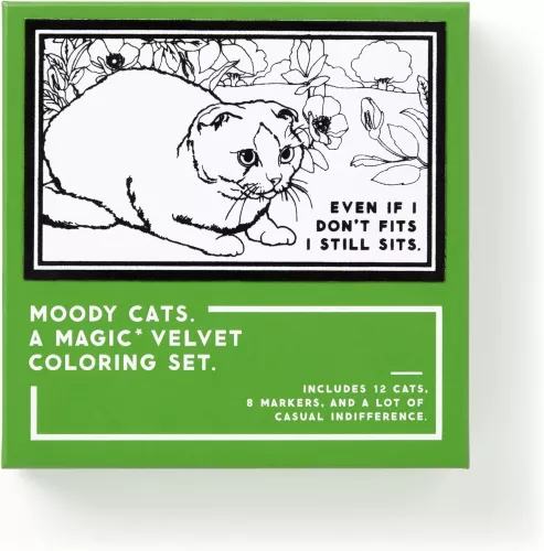 Brass Monkey Moody Cats - Velvet Coloring Set with 12 Humorous Cat Illustrations and 8 Quality Brush Tip Markers