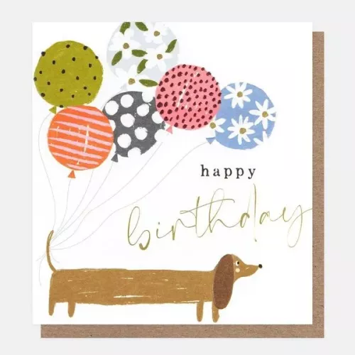 Happy Birthday Sausage Dog With Patterned Balloons