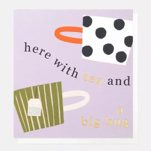 Here With Tea And Hugs Mugs On Lilac, Greeting card