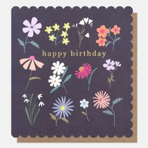 Gold Happy Birthday With Floral Sprigs On Navy, Greeting card