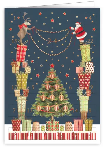 Santa and Reindeer Decorating Tree, Advent Calender Card