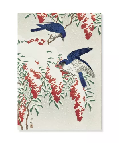 Flycatchers on a nandina bush, Ohara Koson, Vykort