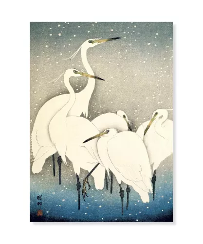 Egrets in snow, Ohara Koson, Vykort