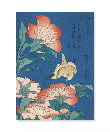 Peonies and Canary, Hokusai, Vykort