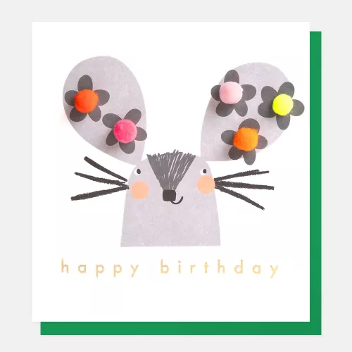 Mouse With Flowers On Ears, Happy Birthday!, Greeting Card