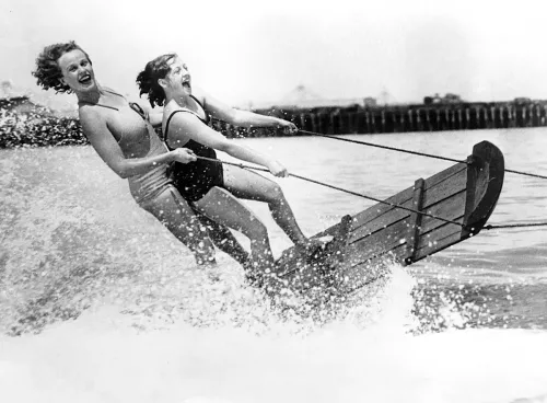 Two girls waterskiing, Greeting Card