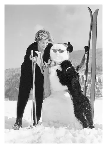 Skier, snowman and poodle, Greeting Card