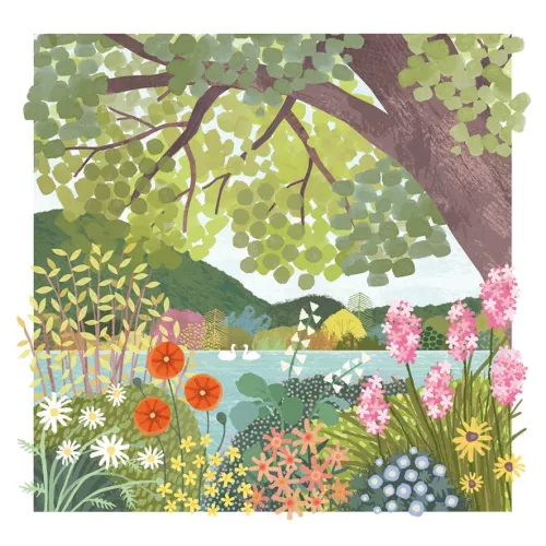 Floral Lake & Swans Greeting Card