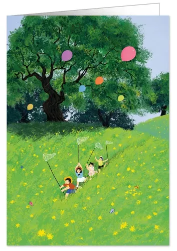 playing children on flower meadow, Greeting Card