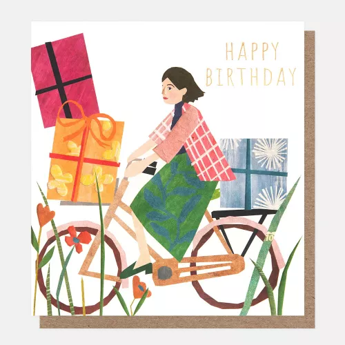 Lady On Bike With Presents Birthday Card
