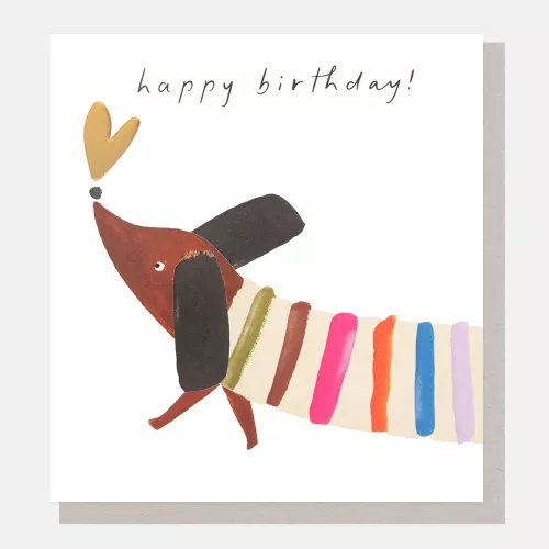 Sausage Dog In Stripy Jumper Birthday Card