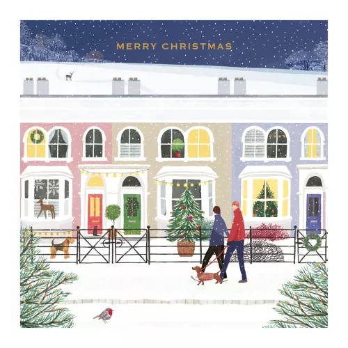 COUPLE & DACHSHUND SNOWY HOUSES XMAS CARD