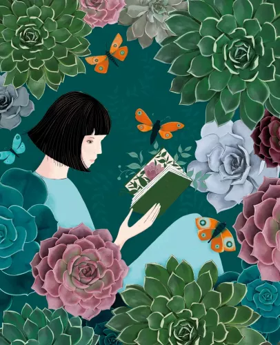 Agnes Woman Reading Among Succulents Card