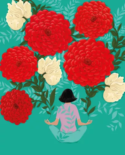 Agnes Meditating Woman & Red Flowers Card