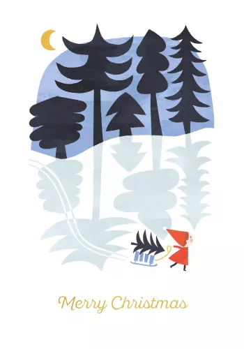 Elf Pulling Sledge & Tree Xmas Card