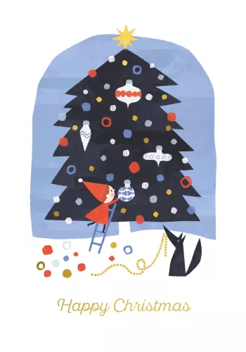 Elf Decorating Tree Xmas Card