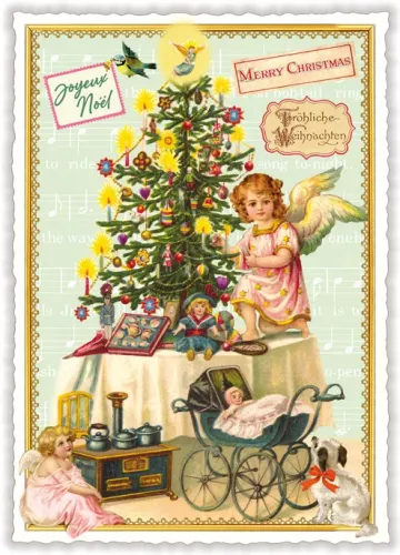 Angel and Stroler by the Christmas Tree Christmas, Postcard