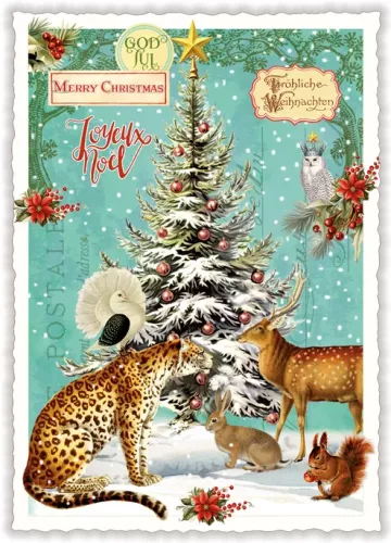 Forest Animals by Snowy Tree Christmas, Postcard