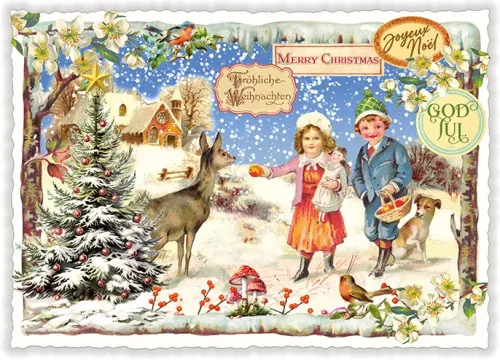 Children Giving Apple Christmas, Postcard