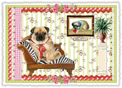 Pug on Sofa, Postcard
