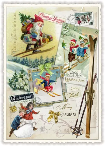 Skiing Collage Christmas Postcard